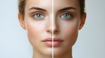 Split-screen image showing the effects of non-surgical skin aging treatments on one side and facelift results on the other, focusing on wrinkle removal and lift, Realistic Style