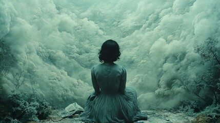 Obraz premium Woman Contemplating the Misty Forest Landscape