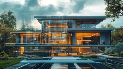 Transparent 3D render of a futuristic smart home, showcasing detailed infrastructure, eco-friendly systems, and smart connectivity, smart home architecture, technology and sustainability