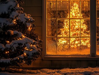 A classic Christmas tree glowing with warm lights in front a frosted window on a snowy night