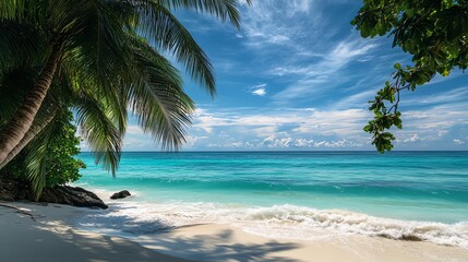Fototapeta premium Tropical beach scene with palm trees and turquoise ocean under a bright sky.