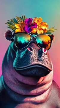 Hippo wearing sunglasses with floral crown