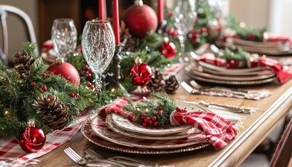 Classic Christmas table with traditional decorations and festive napkins