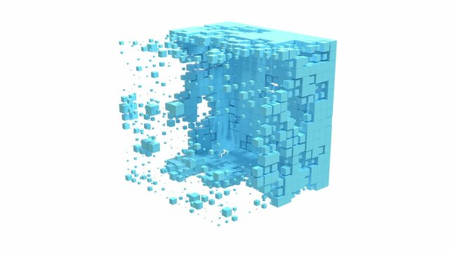 transforming blocks geometric 3d motion graphics animation loop. Can be used to represent psychology deconstruction, blockchain technology or abstract structure build
