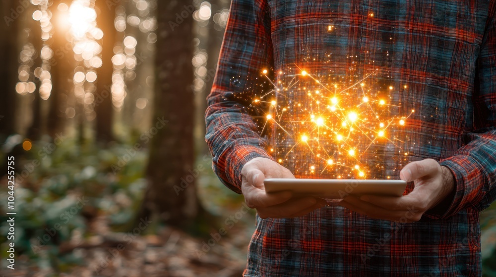 Poster person holding a tablet with glowing network overlay in a forest.