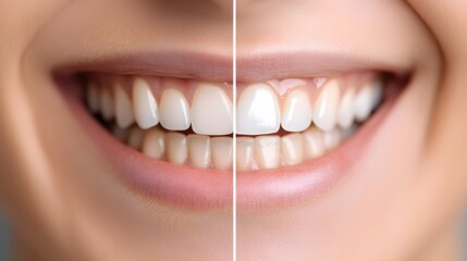Side-by-side comparison images of teeth before and after professional whitening, highlighting the removal of discoloration, Crisp Focus, Natural Lighting, Photorealistic