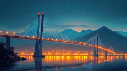 Obraz premium Illuminated Suspension Bridge Crossing a Cityscape at Night