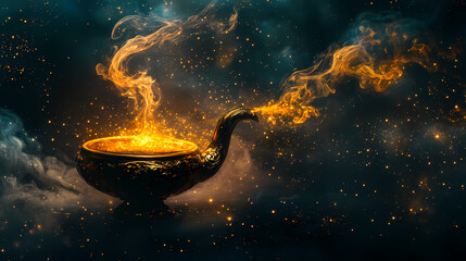 Illuminate your dreams with this enchanting magic lamp, where wispy smoke billows and golden bokeh dances. conjure wishes and ignite the fires of imagination. Fire Djinn. Illustration