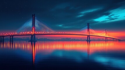 Fototapeta premium Illuminated Suspension Bridge Over a City at Sunset