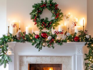Classic Christmas mantel with festive garlands, candles, and holiday cheer