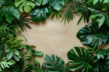 Fototapeta premium A frame made out of tropical plants on a beige background