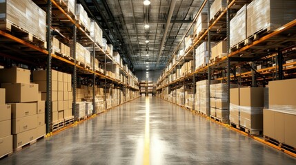 Obraz premium Warehouse Interior with Shelves Full of Cardboard Boxes