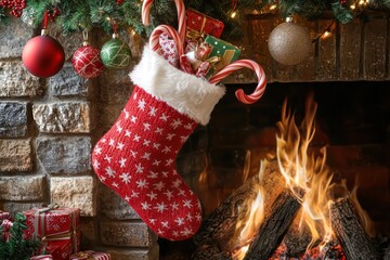 A Christmas stocking overflowing with candy canes, small gifts, and festive ornaments hanging by the fireplace