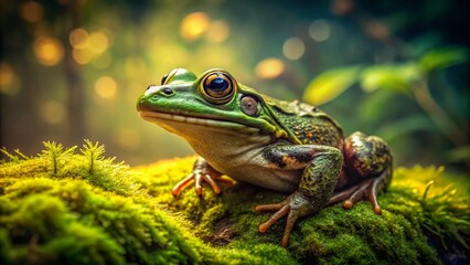 Fototapeta premium Vintage Style Photography of Realistic Green Frog with Big Eyes on Mossy Surface in Nature