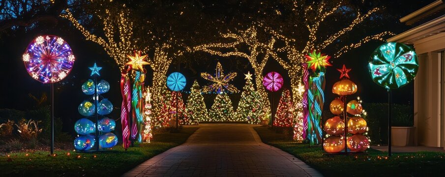 Whimsical Christmas outdoor lights with colorful displays and playful patterns