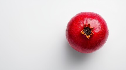 Beautiful top view of a pomegranate, bright red skin with natural imperfections, centered on a white background, clean and modern look