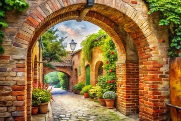 Naklejka premium Watercolor European Style Brick Archway - Artistic Conceptual Photography