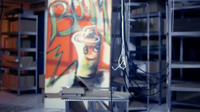 Empty abandoned place with rubble and graffiti paint, concept of juvenile delinquency. Criminal den used by edgy hooligans to hangout and commit illegal activities, dolly in shot