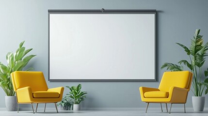 Modern living room with yellow chairs, green plants, and a blank projector screen on a light blue wall.
