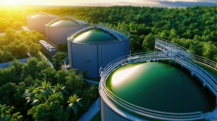 Aerial drone view of a green eco friendly industrial plant with large storage silos steel tanks and extensive pipelines surrounded by a lush rural countryside landscape