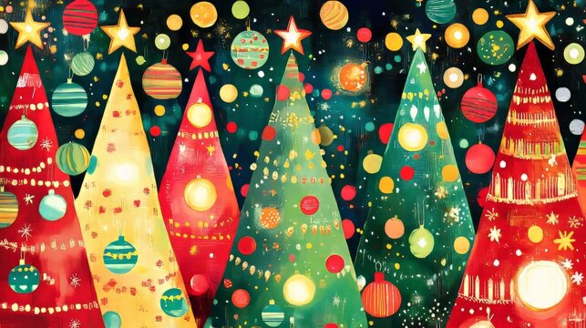 a festive cartton style card including ornaments and christmas trees