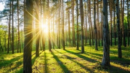 Obraz premium Sunlit Tranquil Forest Scene with Dappled Sunlight