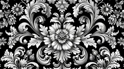 Fototapeta premium This image showcases a beautifully intricate monochrome floral pattern, highlighting the exquisite detailing, symmetry, and elegance in every aspect of the design.