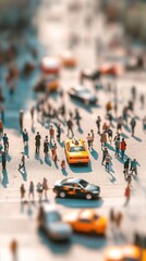 Obraz premium A miniature cityscape with a yellow taxi cab and people walking on the street.