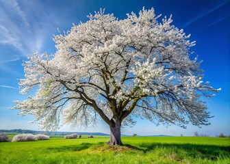 Fototapeta premium Wild Cherry Tree Blossoms: A Serene Spring Landscape Captured in Documentary Style