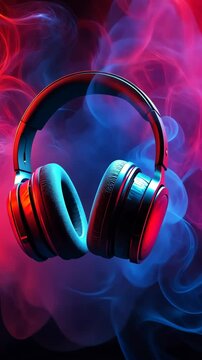 headphones with neon lighting and colorful smoke