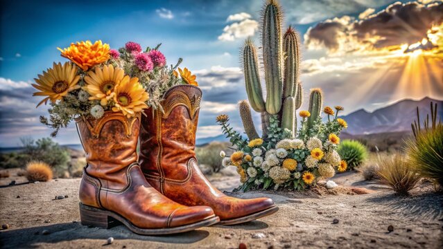 Wild West Flowers: Cactus and Cowgirl Bootee Vibes in Natural Desert Landscape
