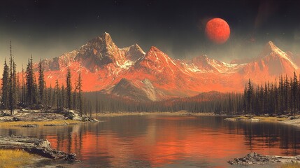 Red Moon Over Mountain Lake - Dramatic Night Sky Landscape