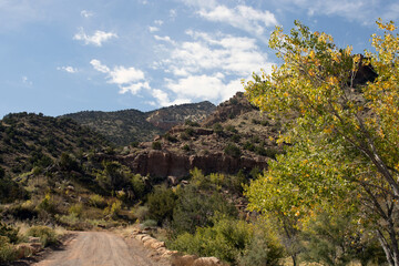 A dirt road in the scenic canyon of the R&iacute;o Chama, or Chama River, below Abiquiu Dam in northern New Mexico, USA