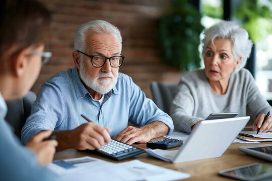 Experienced senior business professionals a mature couple collaborating and analyzing financial data graphs and charts on laptop computers in a corporate office setting - Powered by Adobe