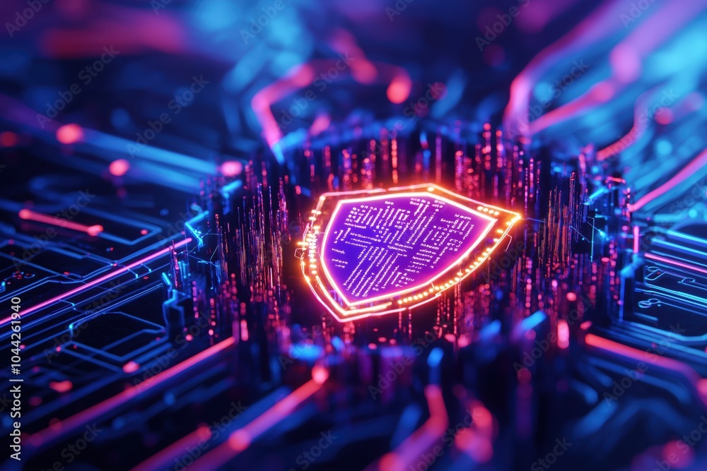 Poster futuristic glowing digital technology circuit board with illuminated neon shapes and geometric patte