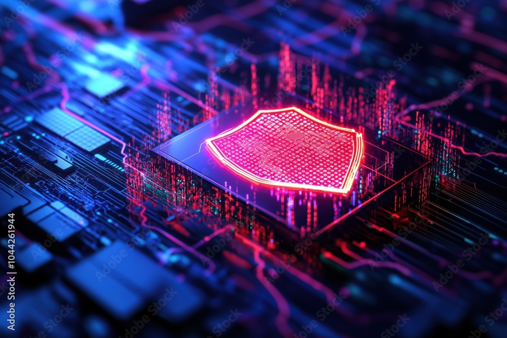 Poster futuristic digital shield representing cybersecurity and advanced technology solutions glowing color