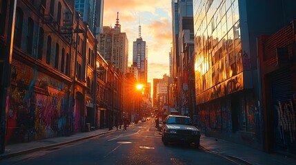 Naklejka premium Skyscrapers with mirrored facades towering above a bustling street, with vibrant retro graffiti contrasting the urban landscape. Sunset hues paint the sky