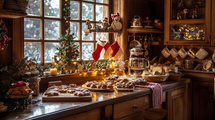 A warm Christmas kitchen filled with the smell gingerbread baking and holiday treats on the counter