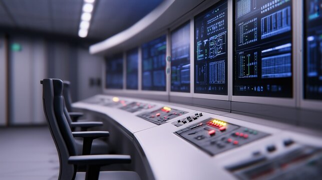 Futuristic control panel with a sleek and modern design featuring advanced digital displays automation interfaces and a range of buttons sensors