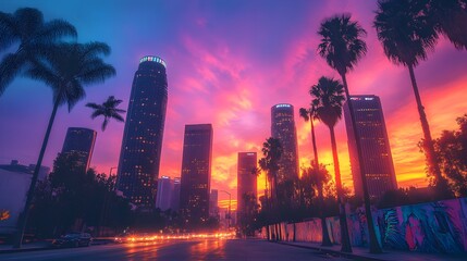 Fototapeta premium Tall, sleek skyscrapers rise against a sunset sky, while the vibrant street art at their foundation bursts with energy and color