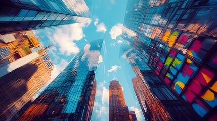 Obraz premium Towering glass skyscrapers reflect the blue sky while colorful graffiti sprawls across their foundations, symbolizing the clash and harmony of two worlds