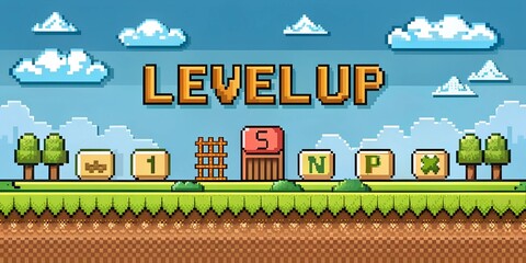Retro style pixel art game background with level up button	