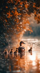 A mother duck leads her ducklings through a serene pond, bathed in the warm glow of a setting sun.