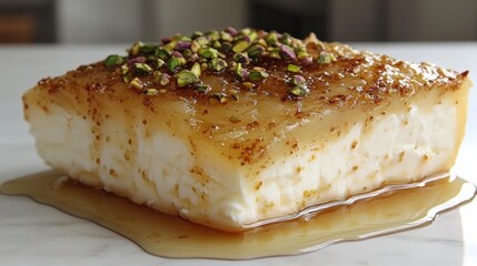 Traditional Lebanese Nights Dessert Recipe - Ashta Pudding with Caramelized Sugar Syrup and Crunchy Pistachio Topping - Authentic Middle Eastern Sweet