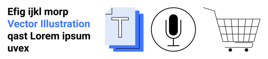 Document icons, a microphone symbol, and a shopping cart. Ideal for digital content creation, online shopping, modern communication, multimedia, and e-commerce concepts. Banner for landing page