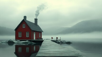 Obraz premium Red Cabin on a Foggy Lake - Serene Landscape Photography