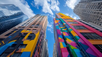 Towering skyscrapers stretch towards the clouds, their bases alive with colorful street art, a fusion of modern architecture and creative spirit