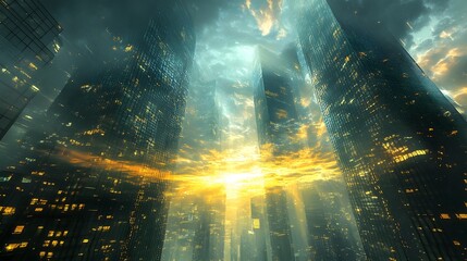 Ultra-modern skyscrapers disappearing into the clouds, the lower levels alive with dynamic graffiti, fusing contemporary technology and street art culture