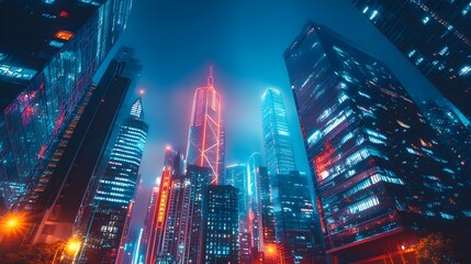 Obraz premium Vibrant night cityscape with towering skyscrapers, illuminated by glowing city lights, streets filled with neon graffiti art, blending modern architecture