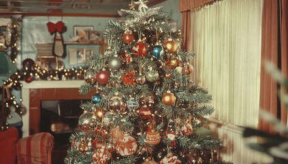 Vintage Christmas tree with retro ornaments and tinsel